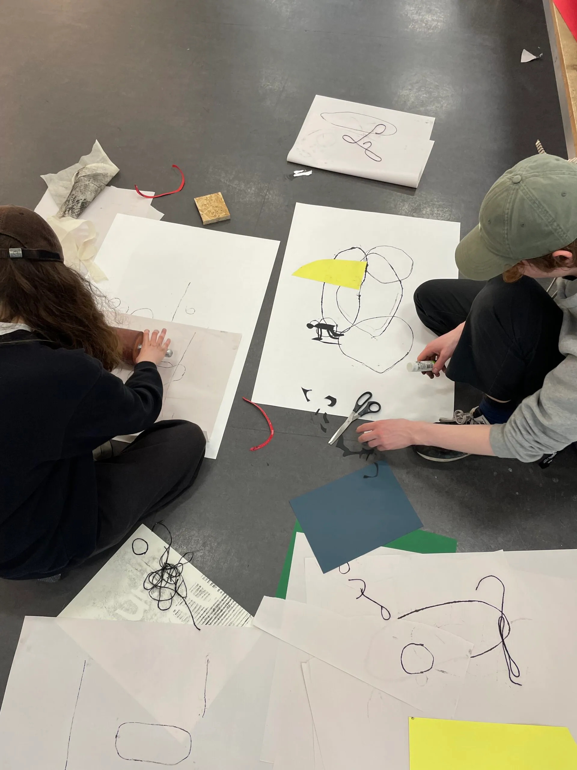 Students working on prints