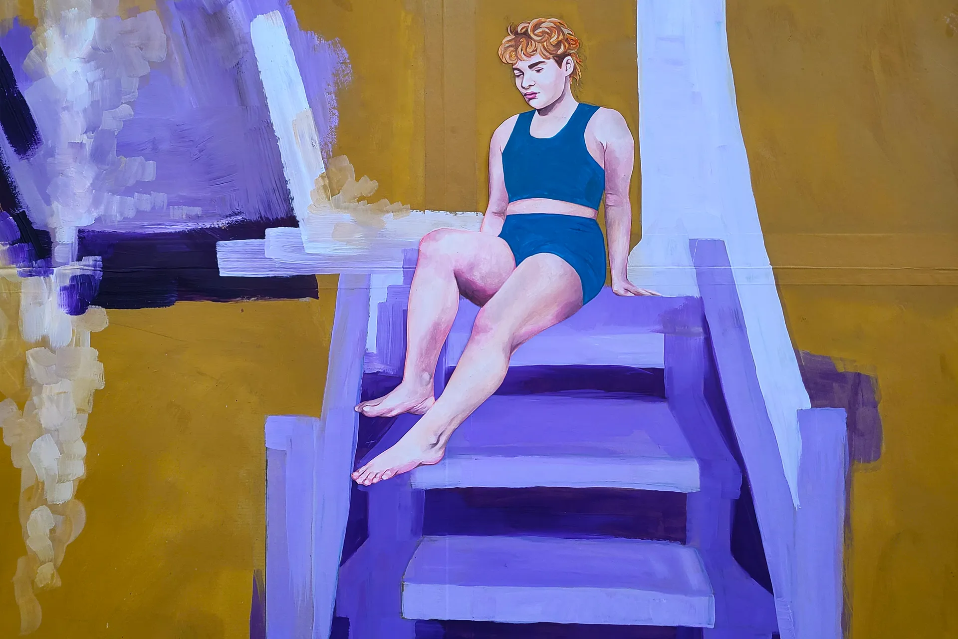 Painting of a figure sitting on a deteriorating staircase
