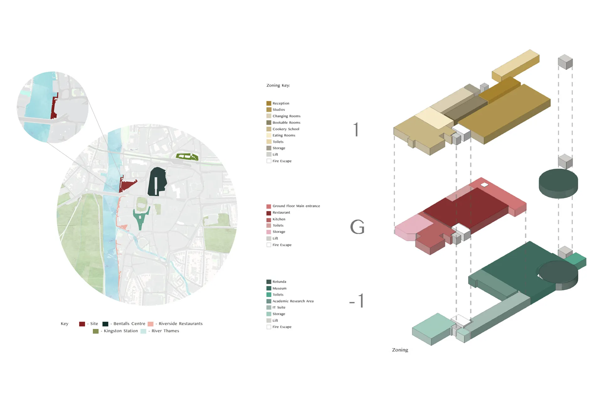 Map showing the site location and the zones of each floor of the proposal